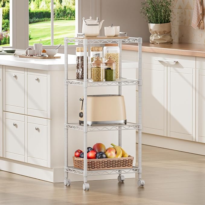 SINGAYE 4 Small Shelves Storage Shelf Wire Shelving Unit Metal Shelf Adjustable Organizers Storage Shelving with Wheels for Bathroom Laundry Room Kitchen Pantry11.5”D x 17.3”W x 44.5”H White - Image 2