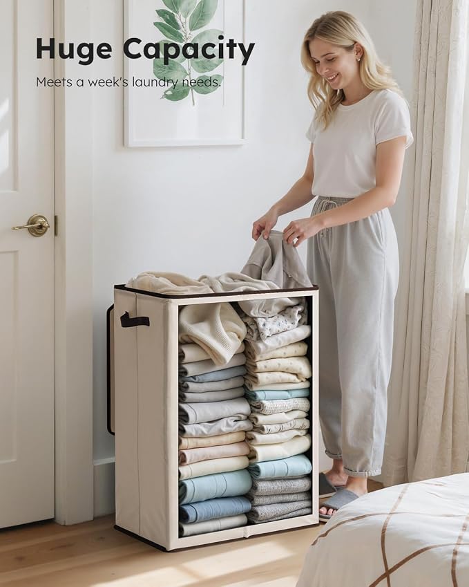 SOLEDI Laundry Hamper with Lid 130L Large & Tall Collapsible Laundry Basket, Clothes Hamper with Bag Removable Easy to Carry, Dirty Hampers for Bedroom, Bathroom, Dorm, College, Beige - Image 3