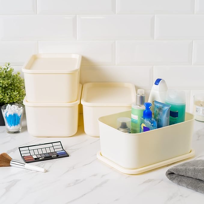 IRIS USA 7 Qt. Plastic Basket Storage Bins with Lids, Small, 4-Pack, Stackable Lidded Storage Organizer Bins for Kitchen, Bathroom and Bedroom, Off White