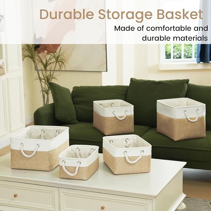 Large Storage Baskets- 15x11x10 inch Storage Bins for Shelves and Closet Organizing, Foldable Fabric Bin for Home Organization Clothes and Laundry (6-Pack, White&Khaki) - Image 7