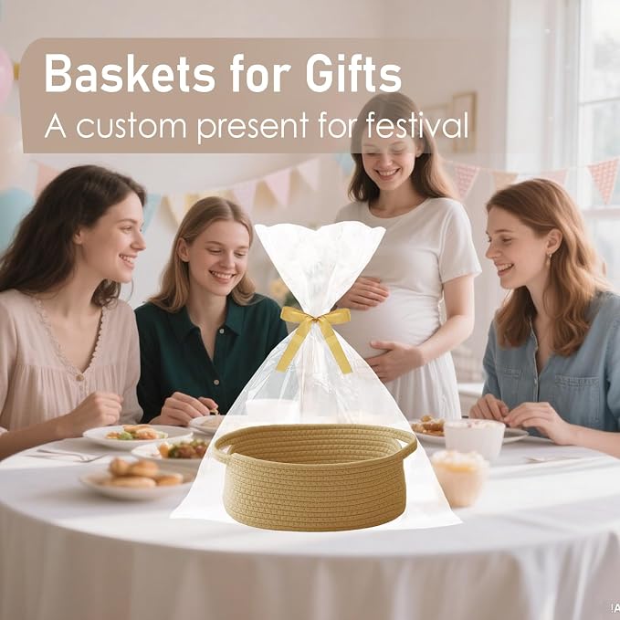 JMvicyroam Woven Basket,Small Rope Storage Bin with Handles & Ribbon Bag, Organizer for Shelves Closets,Gift Basket Empty for Birthday,Books,Dog Toys, Jute - Image 4