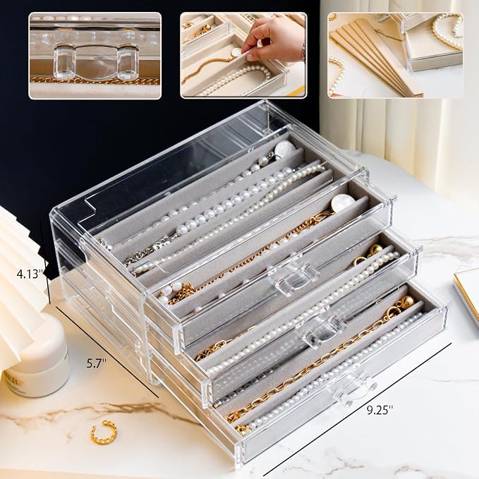 YUFONG Necklace Holder Organizer, Dustproof Necklace Box Velvet Necklace Organizer Box with Lid Clear Acrylic Dustproof Stackable Jewelry Displays for Necklaces Chain Display (Gray, 3 Drawer) - Image 6