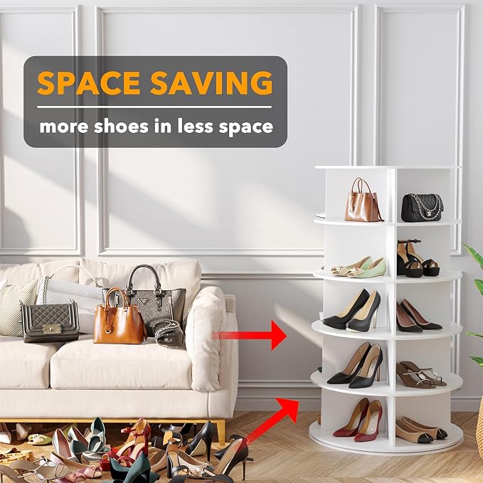 SpaceAid 5 Tier Rotating Shoe Rack Tower, Spinning Shoe Display Lazy Susan, Revolving 360 Shoe Rack Storage Round Carousel, Vertical Handbag Rotate Shoes Closet Organization (5-Tier White) - Image 3