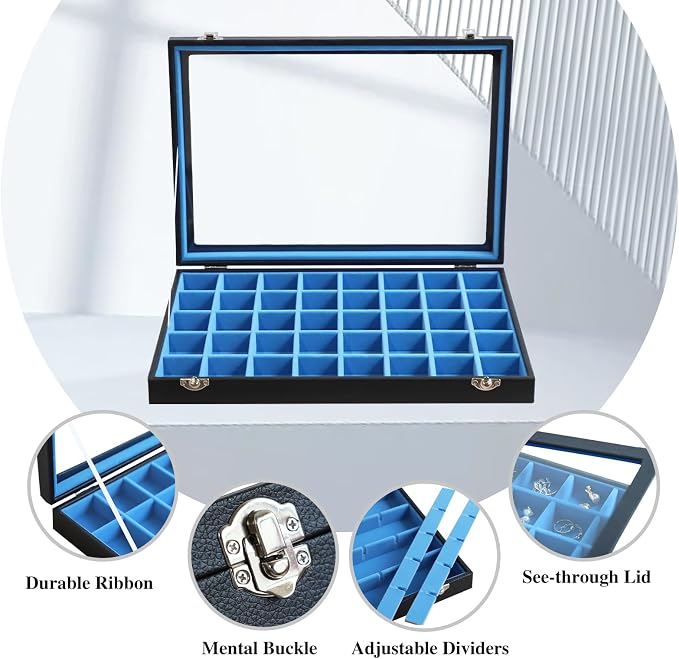 Stratalife Jewelry Organizer 40 Grid Blue Black Jewelry Tray with Clear Dust-proof Lid Velvet Earring Organizer Necklace Rings Holder Display Drawer Storage Case for Women - Image 3