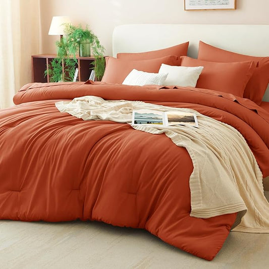 CozyLux King Size Comforter Set Burnt Orange, 7 Pieces Fall Bed in a Bag King Comforter Set with Sheets, Terracotta Luxury Soft Bedding Set with Down Alternative Comforter, Sheets, Pillowcases & Shams