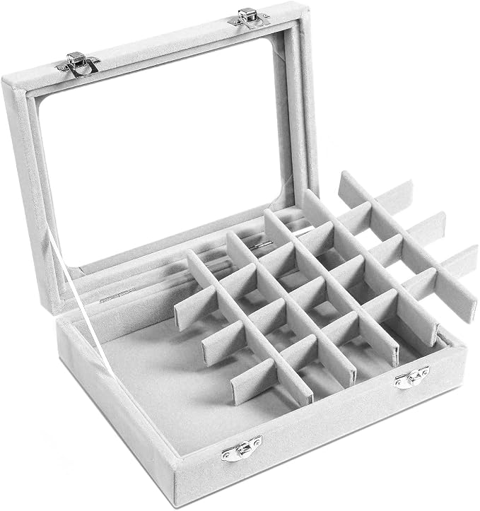 Jewelry Box 24 Grid Velvet Jewelry Tray for Drawers Glass Clear Lid Showcase Display Storage Ring Trays Holder Earrings Organizer Case(Grey) - Image 4