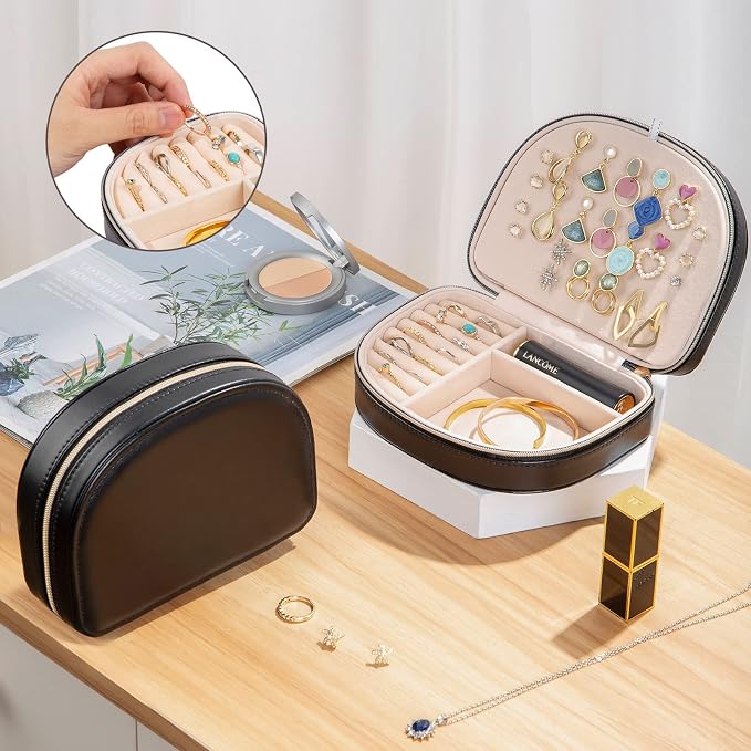 ProCase Travel Size Jewelry Box, Medium Portable Seashell-Shaped Jewelry Case, 2 Layer Jewelry Organizer in PU Leather for Women -Black - Image 3