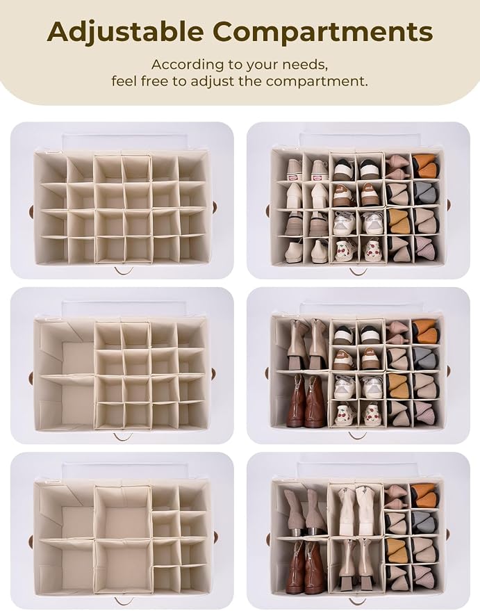 StorageWorks Shoe Organizer for Closet, Fits up to 24 Pairs, Shoe Cubby Storage Containers with Adjustable Dividers and Clear Cover, Brown & White - Image 4