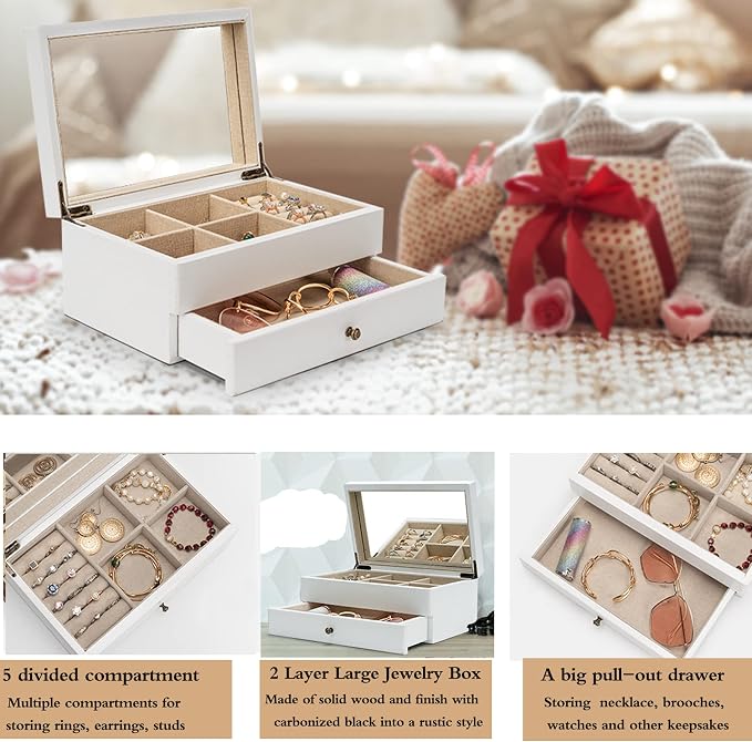 Meangood Jewelry Box Organizer for Women, 2 Layer Large Jewelry Storage Case, Rustic Wooden Jewelry Box with Mirror & Ring Tray for Necklace Earring Bracelets Rings, Vintage Style (White) - Image 2