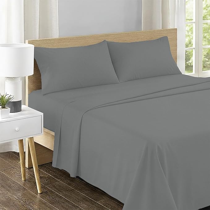 Feather & Stitch 500 TC Full Size 4pc Damask Bed Sheet Set, 100% Soft Cotton Breathable Bedsheets, 18" Deep Pockets Sateen Weave Solid Bedding Mattress Resort Hotel Luxury Decor - (Ash Grey)