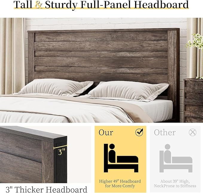 LUXOAK 3 Pcs Bedroom Furniture Sets,Includes Farmhouse Queen Size Bed Frame with 49" Tall Headboard and Nightstand Sets of 2 with Charging Station, Slated Handles & Stainless Steel Feet, Rustic Grey