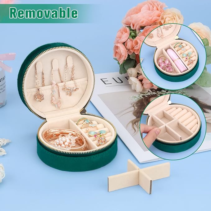 DesignSter Travel Jewelry Box - Velvet Mini Jewelry Organizer, Small Jewelry Case for Girls Women, Jewelry Storage Box for Rings Earrings Necklace (Circular, Emerald Green) - Image 3