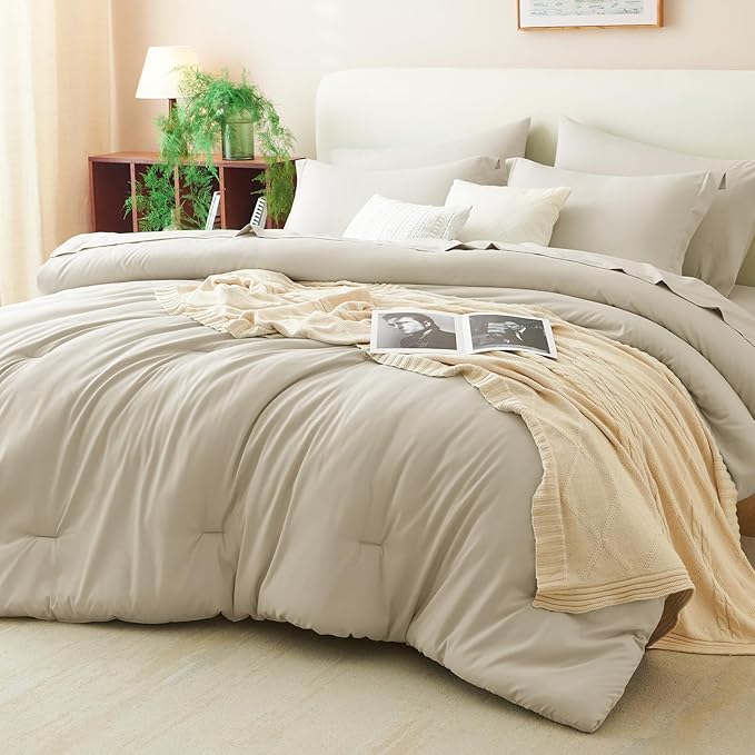 CozyLux Full Size Comforter Sets Oatmeal, 7 Pieces Bed in a Bag Full Comforter Set with Sheets, Luxury Bedding Set with Down Alternative Comforter, Fitted Sheet, Flat Sheet, Pillowcases & Shams