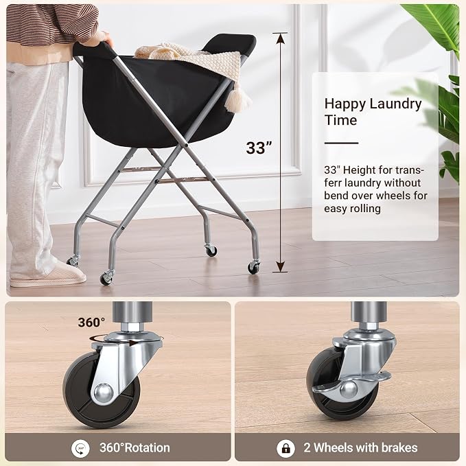 ELYKEN Laundry Cart with Wheels, 33”H Easy Rolling Laundry Hamper with Removable Liner Bag, Sturdy Metal Frame Clothes Basket with 4 Casters and 2 Brakes - Image 2