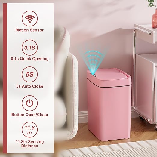 Vanpopubs 2 Pack 2.7 Gal Bathroom Trash Can with Lid, Automatic Trash Can Small Smart Garbage Can Touchless, Slim Motion Sensor Waterproof Plastic Trash Bins for Bedroom Office Kitchen Toilet Pink - Image 2