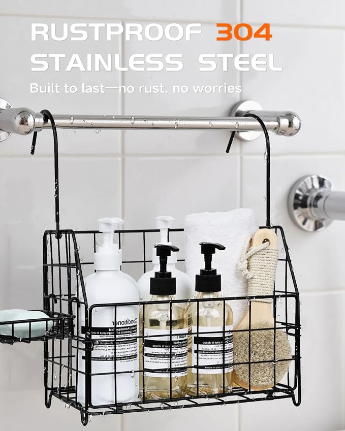 Large Rustproof Shower Caddy Hanging, 304 Stainless Steel Hanging Shower Organizer Basket for Bathroom & Bathtub, Over the Rod Shower Rack for Shampoo, Conditioner, Soap & Bath Accessories(Black) - Image 2