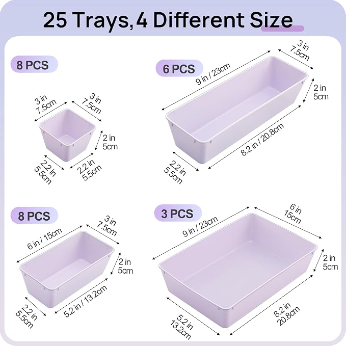 Vtopmart 25 PCS Plastic Drawer Organizers Set, 4-Size Versatile Bathroom and Vanity Drawer Organizer Trays, Storage Bins for Makeup, Bedroom, Kitchen Gadgets Utensils and Office - Image 2