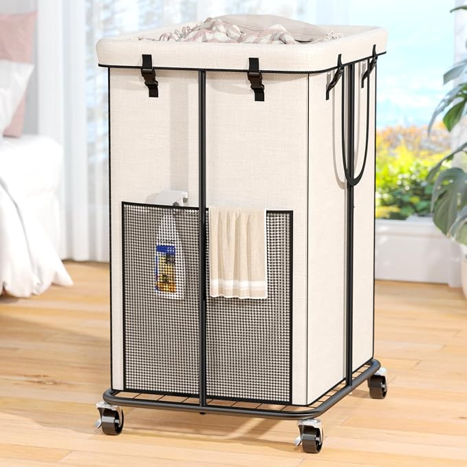 150L Laundry Hamper with Wheels, Rolling Laundry Basket with Metal Frame and Removable Bag, Large & Tall Dirty Clothes Hampers for Bedroom Aesthetic, Laundry Room, Bathroom, Dorm-White by OLLDIDE