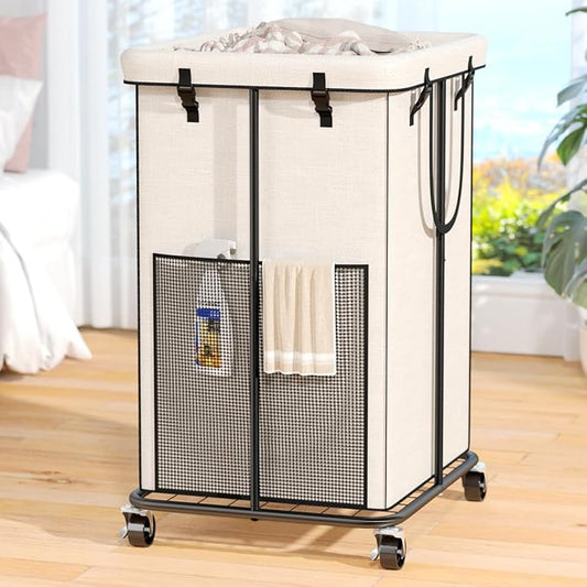 150L Laundry Hamper with Wheels, Rolling Laundry Basket with Metal Frame and Removable Bag, Large & Tall Dirty Clothes Hampers for Bedroom Aesthetic, Laundry Room, Bathroom, Dorm-White by OLLDIDE