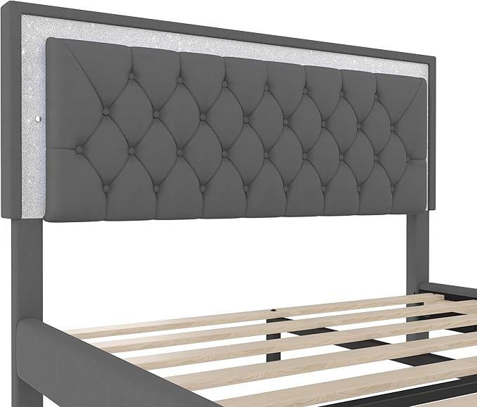 Harper & Bright Designs Farmhouse 3 Pieces Queen Size Bedroom Sets, Upholstered Platform Bed Frame with Headboard, 2 Nightstands and LED Lights, 3 Piece Bedroom Furniture Sets (Gray)
