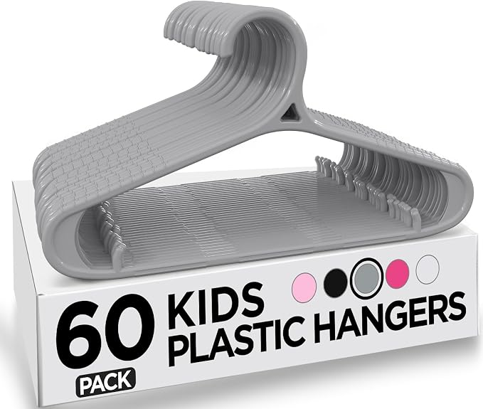 Utopia Home Kids Hangers 60 Pack - 11 Inch Plastic Baby Hangers for Closet - Childrens Hanger for Clothes & Infant Hanger for Closet - Non-Slip Shoulder Grooves, Strap Hooks & Pants Bar (Grey) by UTOPIAHOME
