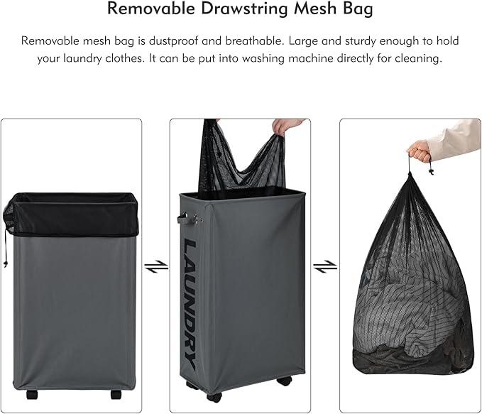 DOKEHOM 29-Inches Enlarged Slim Laundry Basket with Removable Wash Bag on Wheels, Collapsible Rolling Laundry Hamper, Foldable Narrow Corner Clothes Storage Bins (Dark Grey) - Image 5