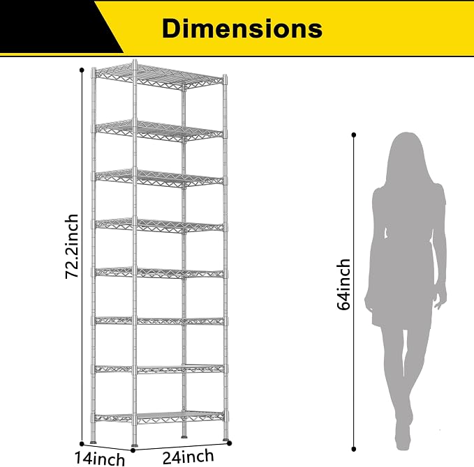 GIOTORENT 8-Wire Garage Shelving Storage Shelves, Kitchen Storage Adjustable Shelf, Metal Shelves 1600Lbs Capacity 24" W x 14" D x 72.2" H for Laundry Bathroom Pantry Closet, Silver - Image 3