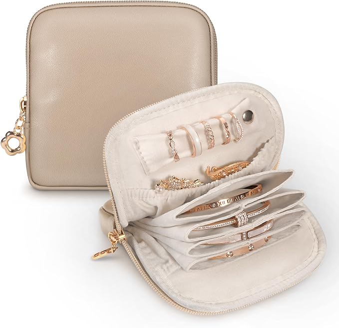 SITHON Small Travel Jewelry Case with Ring Holder, Mini Velvet Jewelry Pouch Bags, Compact Storage Organizer for Bracelet Necklaces Earrings Travel Essentials, Mother’s Day Gifts (Toffee) by SITHON