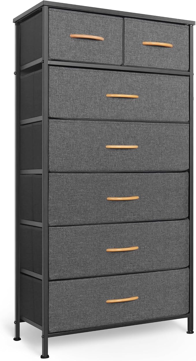 Mifuro Tall Dresser for Bedroom, Vertical Storage Organizer Tower with 7 Drawers, Chest of Drawers with Fabric Bins, Steel Frame, Wood Top for Bedroom, Closet, Entryway- Grey by MifuroOfficeProduct
