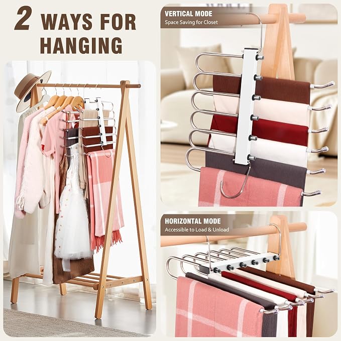 HUITEM 4 Pack 6-Tier Space Saving White Pant Hangers, Anti-Slip, Lightweight, Stainless Steel, Ideal for Closet Organization, Free Installation - Image 3
