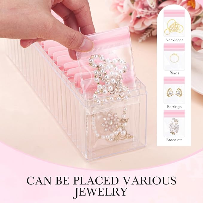 Kenning 42 Pcs Acrylic Jewelry Case Organizer, Clear Jewelry Organizers Holder with Portable Anti Tarnish Storage Bags for Rings, Earrings, Necklaces, Ideal Gifts for Women (Pink) - Image 4