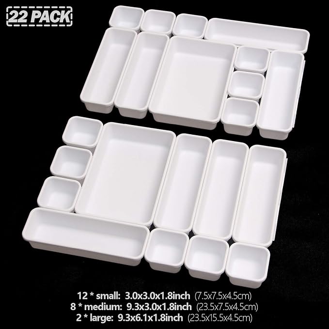 Set of 22 Interlocking Desk Drawer Organizer Tray Dividers Plastic Shallow Narrow Drawers Organizers Separators Storage Bins Container for Kitchen Bathroom Makeup Office Vanity Bedroom Dresser White - Image 3