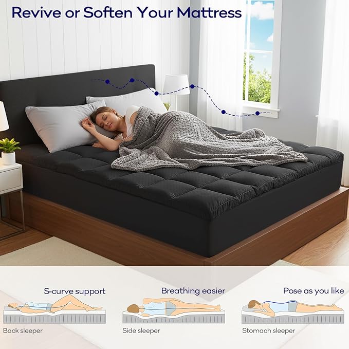 OLANLY Dual-Layer 4 Inch Queen Size Memory Foam Mattress Topper for Back Pain, 2 Inch Cooling Pillow Top Mattress Pad Cover and 2 Inch Gel Memory Foam Topper, Deep Elastic Pocket, Black