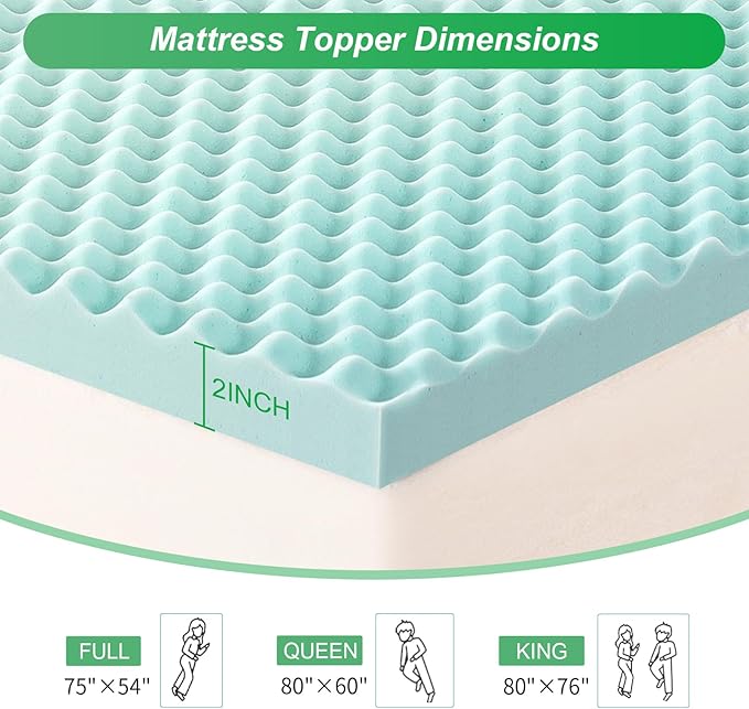 2 Inch Queen Size Egg Crate Cooling Gel Memory Foam Mattress Topper, Convoluted Bed Topper for Pressure Relief and Enhanced Airflow, CertiPUR-US Certified