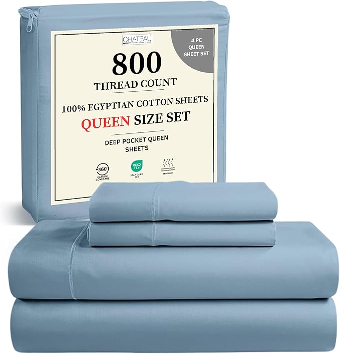 100% Egyptian Cotton Sheets Queen Size Set, 800TC 15" Deep Pocket Queen Sheets Set, Soft Breathable Sateen Weave 4PC Elasticated Sheet & Pillowcase Sets, No Pill & Shrink, Fade Resistant- French Blue