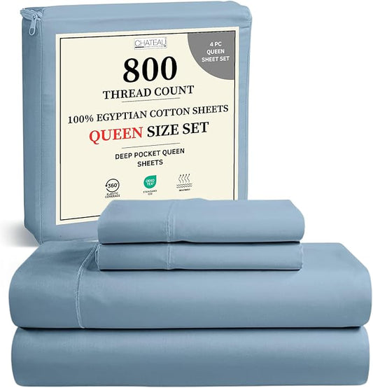 100% Egyptian Cotton Sheets Queen Size Set, 800TC 15" Deep Pocket Queen Sheets Set, Soft Breathable Sateen Weave 4PC Elasticated Sheet & Pillowcase Sets, No Pill & Shrink, Fade Resistant- French Blue