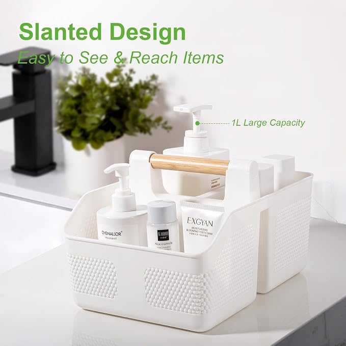 rejomiik Shower Caddy Portable with Bamboo Handle, Plastic Basket Cleaning Caddy Organizer Storage Tote for Bathroom, College, Dorm Room Essentials, White - Image 6