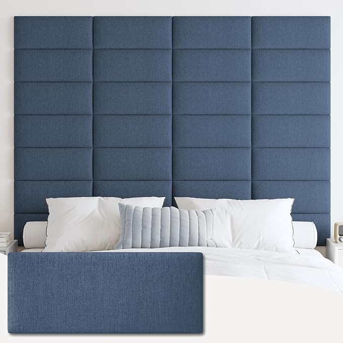 IFNOW Upholstered Peel and Stick Wall Panels, Soundproof 3D Headboard for Queen Size, Reusable Tufted Bed Headboard in Blue (9 Panels, 10" x 24")