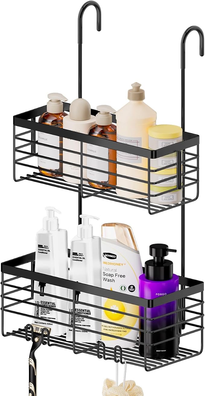 SHANSHUI Shower Hanging Caddy, Double Bathroom Showers Organizer Basket, Shampoo Bracket, Over Door Shower Rack with Hooks, 304 Stainless Steel Rustproof by SHANSHUI