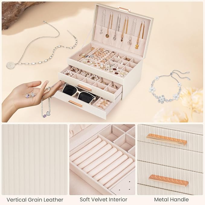 Dajasan Jewelry Box Organizer, 3-Tier Jewelry Storage Organizer with 2 Drawers, Large Jewelry Boxes for Women, PU Leather Surface with Texture, Gift Idea, Modern Style (Beige) - Image 4
