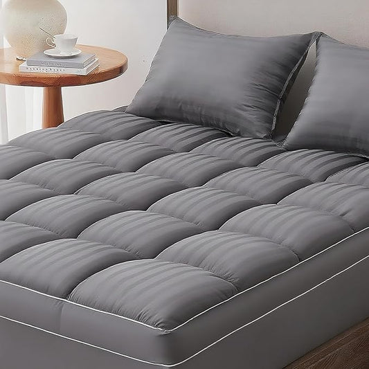 TopTopper Mattress Topper Queen, Extra Thick Cooling Mattress Pad Cover for Back Pain, Breathable Mattress with 8-21" Deep Pocket, 5D Snow Down Alternative Overfilled Plush Pillow 60"x80" Dark Grey