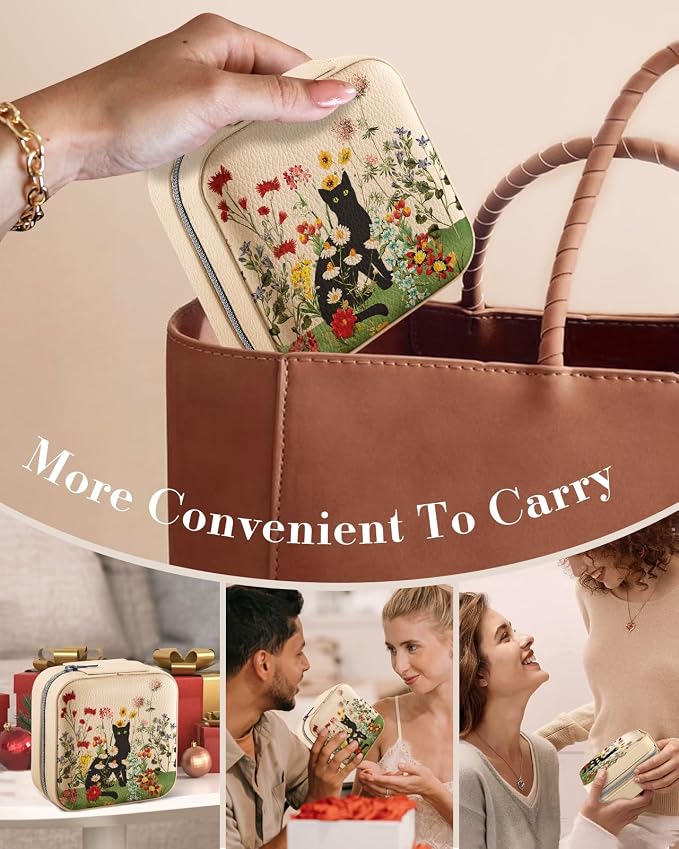 Bistup Travel Jewelry Case - Small Jewelry Organizers and Storage Box for Women Girls Teens Cute Traveling Jewelry Holder with Mirror Little Tiny Compact Modern Unique Aesthetic Pretty, Cat Flower - Image 6