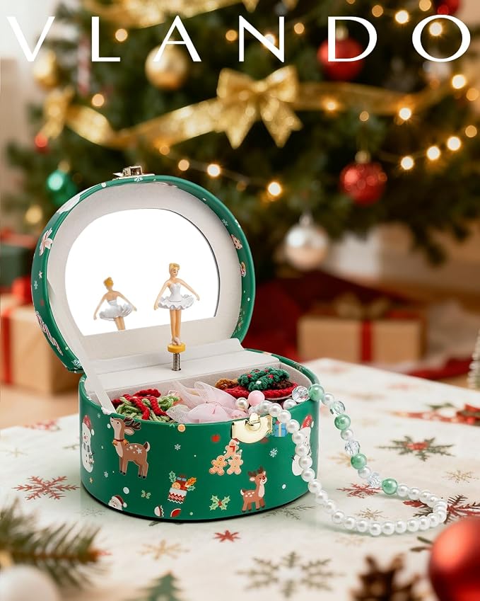 VLANDO Gifts for Girl, Musical Jewelry Box for Girls, Small Kid Music Box with Ballerina for Party Bedroom Decor, Gifts for Girls Kids - Christmas Green - Image 6