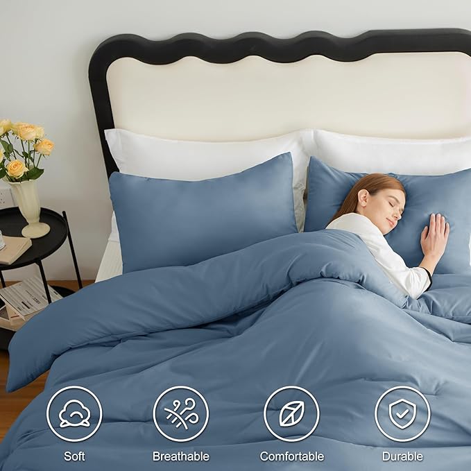 CozyLux Oversized King Comforter Set Grayish Blue, 3 Pieces 120x98 Solid Breathable Quilted Bedding Sets, Dusty Blue Luxury Soft Lightweight Bed Set with Down Alternative Comforter and 2 Pillowcases