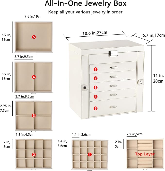 Frebeauty Large Jewelry Box,6-Tier PU Leather Jewelry Organizer,Multi-functional Storage Case with Mirror,Accessories Holder with 5 Drawers for Necklace Bracelets Watches(Pearl White) - Image 3