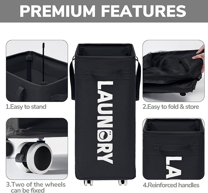 Goodpick Laundry Basket with Wheels, 2-Pack 75L Rolling Laundry Hamper with Removable Wash Bags, Collapsible Laundry Basket for Corner Dorm, Black - Image 4