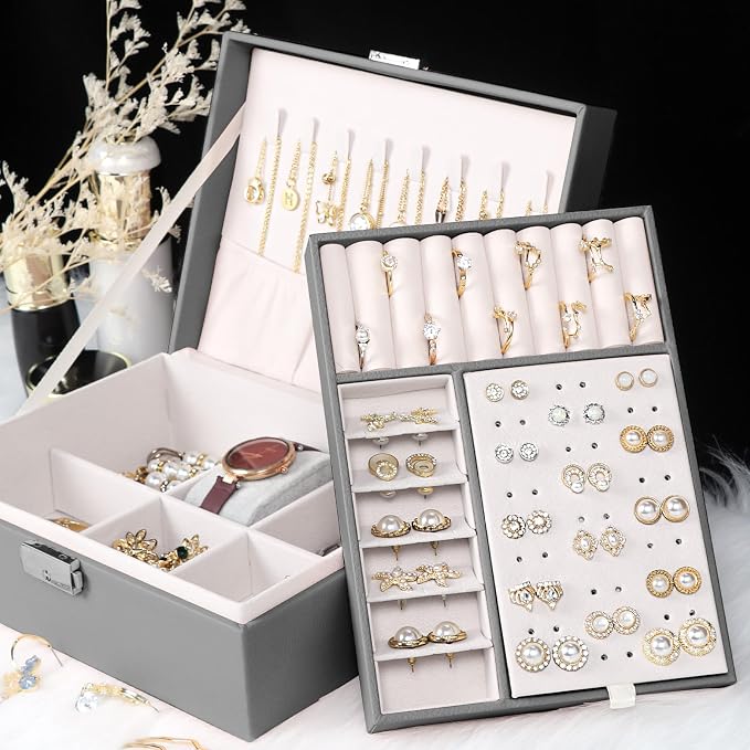 Jewelry Box for Women Girls, 2 Layers Jewelry Organizer Container with Lock, PU Leather Storage Case with Removable Tray, Jewelry Display Box for Necklaces Earrings Bracelets Rings Watches (Grey) - Image 6