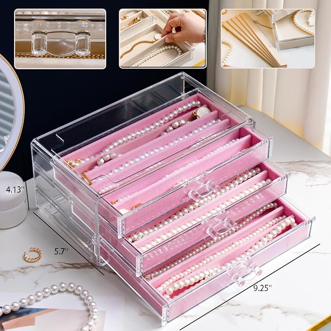 YUFONG Necklace Holder Organizer, Dustproof Necklace Box Velvet Necklace Organizer Box with Lid Clear Acrylic Dustproof Stackable Jewelry Displays for Necklaces Chain Display (Pink, 3 Drawer) - Image 6