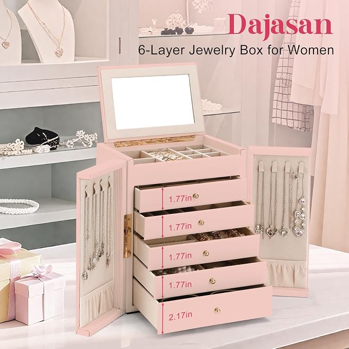 Dajasan Jewelry Box for Girls Women, 6-Tier Large Jewelry Organizer Box, Jewelry Storage Organizer, Jewelry Gift Box for Christmas, Valentine's Day, Birthday, Mother's Day (Pink) - Image 7