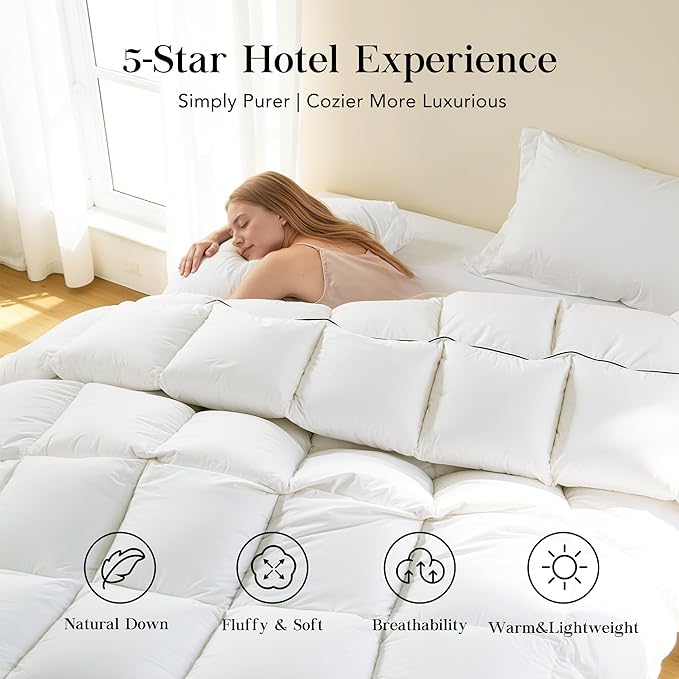 Feather Down Comforter King Size,Premium Ultra-Soft Breathable Comforter High Fill Power Grey Duvet Insert,All Season Hotel Bedding Comforters (Ivory White/All Season, King (U.S. Standard))